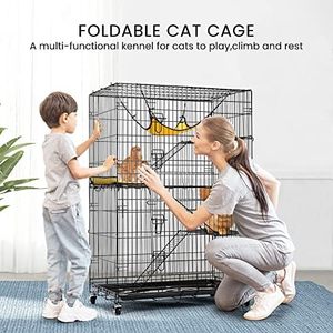 Jaula plegable <span class=keywords><strong>de</strong></span> Metal negro <span class=keywords><strong>de</strong></span> 49 pulgadas para gatos, gatitos, <span class=keywords><strong>hurones</strong></span>, ruedas giratorias <span class=keywords><strong>de</strong></span> 360 °, corralito para mascotas, rampa, escaleras, hamaca, cama, caja con bandeja <span class=keywords><strong>de</strong></span> plástico - Product Image 2