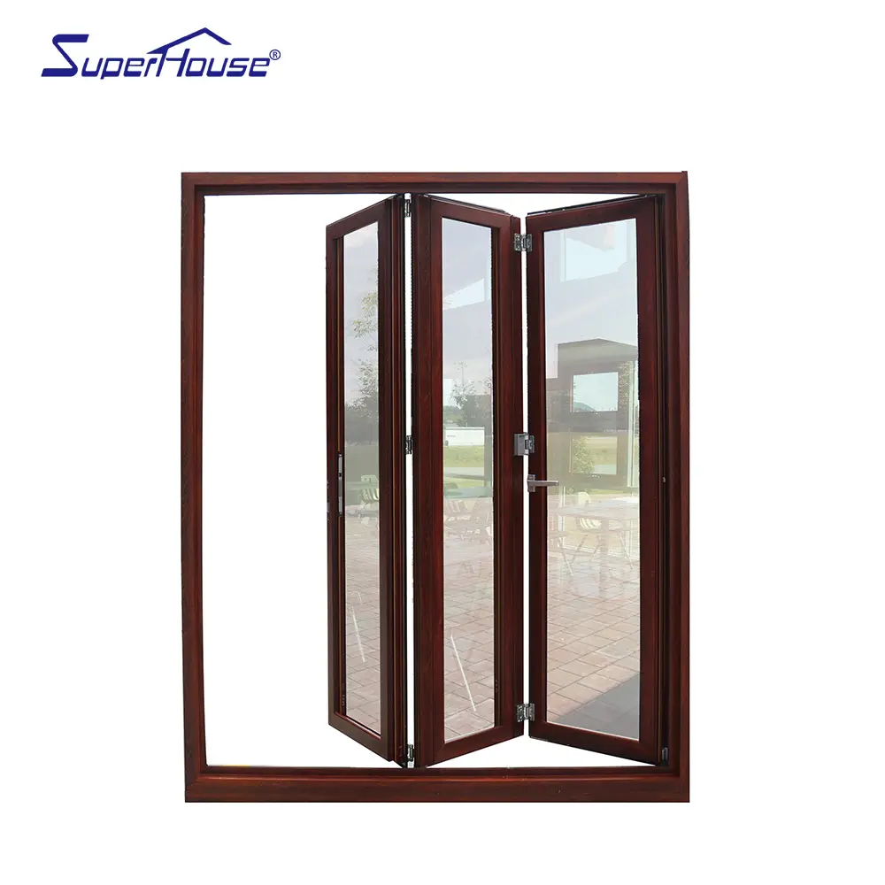 Venta directa de fábrica de China, precio barato, exterior, aluminio, grano de madera, puerta plegable, puerta de fabricación con buena calidad