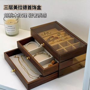 Walnut Wood Three Drawer Jewelry <b>Box</b> With Glass Top For <b>Earrings</b> Necklaces Rings Storage Organizers - Product Image 5