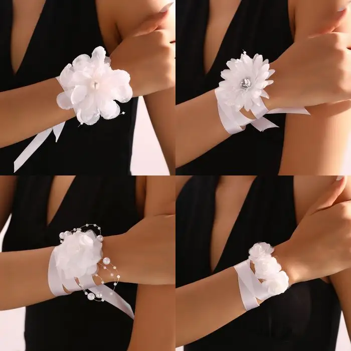 Da polso nuziale fiore per ragazze damigella d'onore con catena di perle bianco pizzo rosa bracciale da sposa in seta fiore a mano gioielli per feste