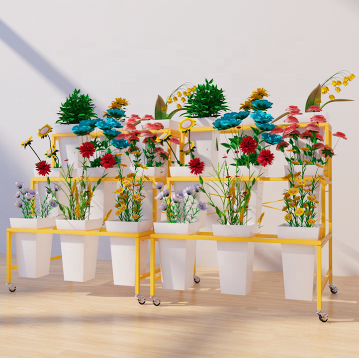 Présentoir à Fleurs Métallique à 2 étages Avec Roulettes – Inclut 9 Seaux Blancs | Étagère Mobile Pour Jardin, Cour Ou Boutique