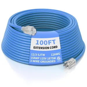extreme cold weather power supply cord with lighted ends 12/3AWG SJTW 15A 125V 100FT outdoor extension cord