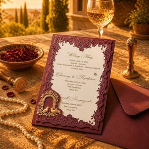 Juego de Tarjetas de Invitación de Boda Personalizadas, Sobre Color Borgoña, Corte Láser, Arco Dorado, Sello de Cera en Relieve, <span class=keywords><strong>Perla</strong></span> - Product Image 2