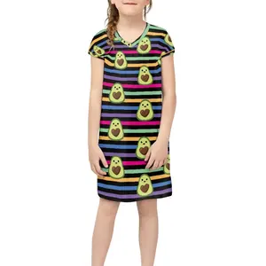 OEM Fashion Cute Striped Avocados Full Print Kids Girls Dress Casual Midi Length Dress for School Activities Loose Girls Summer