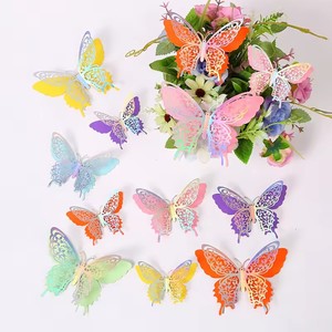Lot de 12 décorations <span class=keywords><strong>papillon</strong></span> dorées à double couche en papier pailleté pour gâteaux d'<span class=keywords><strong>anniversaire</strong></span>, fleurs et décorations murales pour la maison - Product Image 3