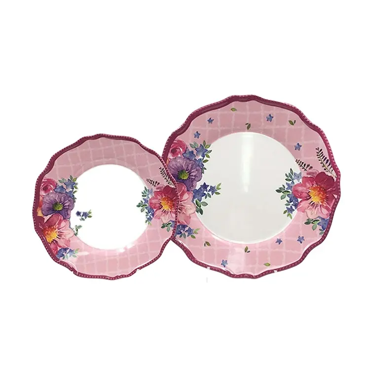 Plato de melamina de plástico duradero con estampado de flores redondas de lujo en línea