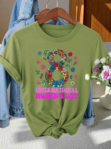 T-shirt elegante da donna girocollo a maniche corte con stampa floreale per la Giornata Internazionale della Donna, top primavera estate autunno vestibilità regolare - Product Image 3