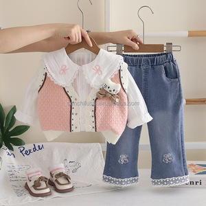 D2875 Ensemble de trois gilets en coton 100% pour filles, style étranger, automne/printemps, tailles 2T à <span class=keywords><strong>14</strong></span> <span class=keywords><strong>ans</strong></span> - Product Image 2