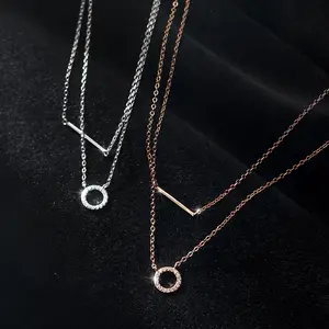 925 Sterling Silver Cubic Zirconia Round Circle Bar Pendant Rose Gold Plated Double Layer Chain Necklaces Fine Jewelry Women