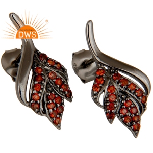 Unique Leaf Design Black Oxidized Solid <b>Silver</b> <b>Stud</b> Earrings Pave Set Garnet Gemstone Earrings Jewelry Supplier - Product Image 2