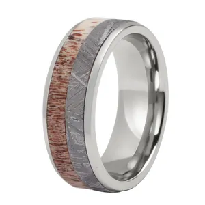 Deer Antler and Meteorite inlay Titanium Luxury Superconductor Men Wedding Band Meteorite Ring