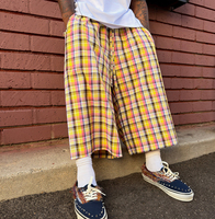 Pantalon large à carreaux personnalisé pour homme, taille haute, coupe oversize, style Y2K, culotte courte, cordon de serrage, taille élastique, streetwear, hip-hop, OEM