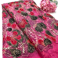 Tissu en dentelle de luxe 3D en velours, fleurs perlées et sequins, 100% polyester brodé pour costumes folkloriques boliviens, soirées d'Amérique du Sud