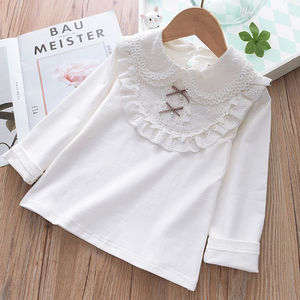 Camicia da bambina in puro cotone bianco con fondo per bambini colletto rialzato camicia da bambina media e grande a maniche lunghe bianca elasticizzata - Product Image 4