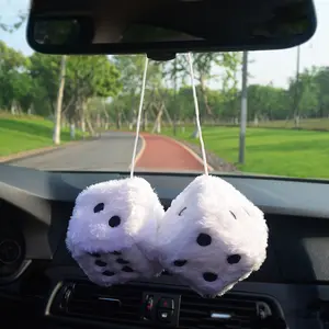 Retro Square Mirror Fuzzy Plush Dice with Dots Hanging Couple Accessory for Car Interior Decoration
