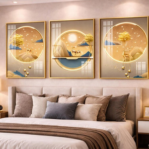 Peinture murale moderne élégante rouge et or de luxe, grande décoration murale, peinture sur porcelaine de cristal, art mural lumineux LED - Product Image 1