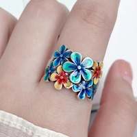 Bague en forme de fleur de brocart, style ethnique rétro, cloisonné, purement artisanale, réglable, style hip-hop