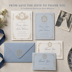 Suite d'invitations <span class=keywords><strong>de</strong></span> mariage baroque personnalisée et ornée, cadre doré avec accents bleus, cartes RSVP assorties, cartes <span class=keywords><strong>de</strong></span> détails et cartes « Save the Date » - Product Image 4