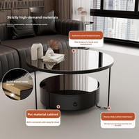 Table basse noire moderne avec rangement, table basse ronde en verre, table basse minimaliste