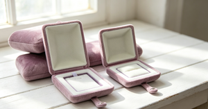Boîtes à bijoux en velours écologiques haut de gamme multi-tailles avec fermeture magnétique, cadres en carton rigide, finition lisse, violet - Product Image 2