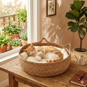 Lit pour chat en paille tressée à la main, panier respirant en rotin pour animaux de compagnie, nid de sommeil frais d'été avec coussin doux amovible - Product Image 1