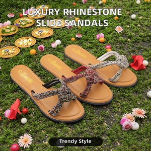 Sandales plates de luxe pour femmes avec strass scintillants, parfaites pour l'automne, élégantes et tendance pour le quotidien, semelle intérieure en PU, essentielles pour l'été - Product Image 2