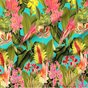 Tessuto 100% Rayon Estivo Hawaiano Tropicale con Stampa Giungla e Isola, Motivo Foglie di Palma Floreali, Tecnica Tessuta per Abiti da Bambina - Product Image 3