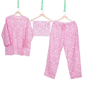 Ensemble de pyjama pour femmes en coton 100% à imprimé floral, manches longues, col rond, taille élastique, vêtements de nuit décontractés doux, pantalon long d'été - Product Image 1