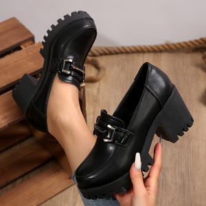 Spring New <b>Style</b> Slip-on High-Heeled Flats, Thick-Soled Large Size Women's Metal Thick-Heeled Low-Top Flats - Product Image 3