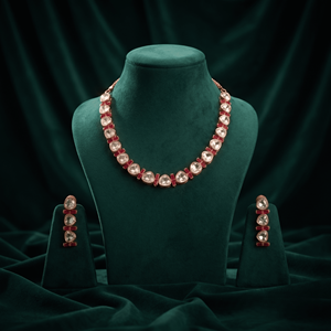 Rose Gold Plated Uncut Kundan Choker <b>Necklace</b> Set with <b>Ruby</b> Red Stones and Matching Drop Earrings for Bridal Wedding Wear - Product Image 3