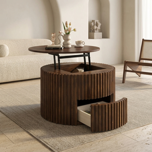 Tavolino da Caffè Rotondo VIBE HAUS con Piano Sollevabile, Moderno in Legno Scanalato con Vano Nascosto per Soggiorno - Product Image 2