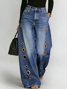 Women Mid Rise <b>Stretch</b> Wide Leg Jeans Hollow Side Metal <b>Ring</b> Design Washed Denim Floor Length Trousers - Product Image 4