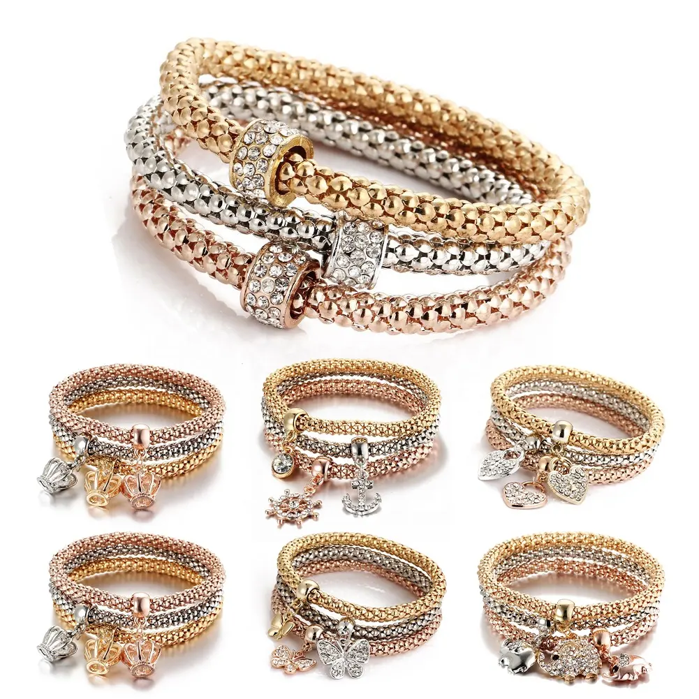 2021 Hot Selling 3 Pcs Crystal Butterfly Popcorn Elastic Bracelets Set Heart Lock Charm Bracelet For Women