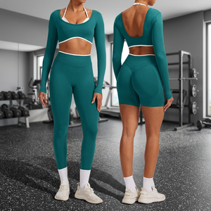 Leggings Deportivos Sólidos Transpirables Sin Costuras, Conjuntos de Compresión, Pantalones de Yoga, Conjuntos de 3 Piezas Personalizados para Mujer, Spandex/Nylon, Gimnasio - Product Image 3