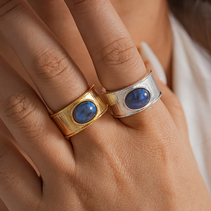 Latest Gold Plated Daily Wear Wave Texture Oval Natural Stone Open <b>Ring</b> Exaggerate Wide <b>Thick</b> Stainless Steel Opening <b>Ring</b> - Product Image 3