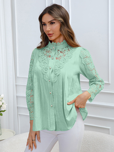 Plus Size Elegant Casual Colorful Lace O-Neck Full Sleeve Solid Autumn/Spring Women's <b>Blouse</b> - Product Image 3