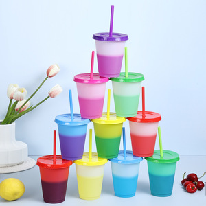 Tasses à café avec couvercle et paille, gobelets réutilisables en plastique à changement de couleur, 500 ml, 750 ml, pour boissons froides, pour enfants - Product Image 6