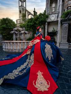 Abito da ballo lungo da quinceañera Mumuleo Snow White con strascico a cappella, in raso moderno e pizzo stampato, vita naturale, per adolescenti, lavorato a maglia - Product Image 4