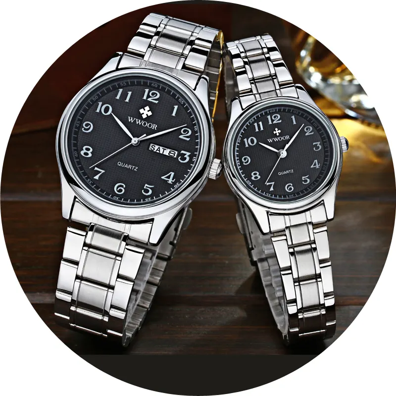 Cặp vợ chồng WWOOR 8805 nóng bán sang trọng thạch anh Đồng hồ đeo tay tùy chỉnh Mens Womens Thời trang thép không gỉ đồng hồ