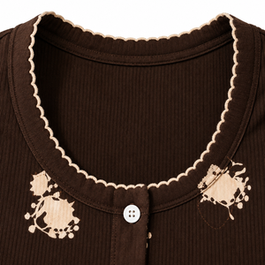 Ensemble de pyjama en coton côtelé à fleurs pour femmes, col rond, manches longues, boutons sur le devant, vêtements de nuit en deux pièces, ensemble de détente, short à cordon - Product Image 5