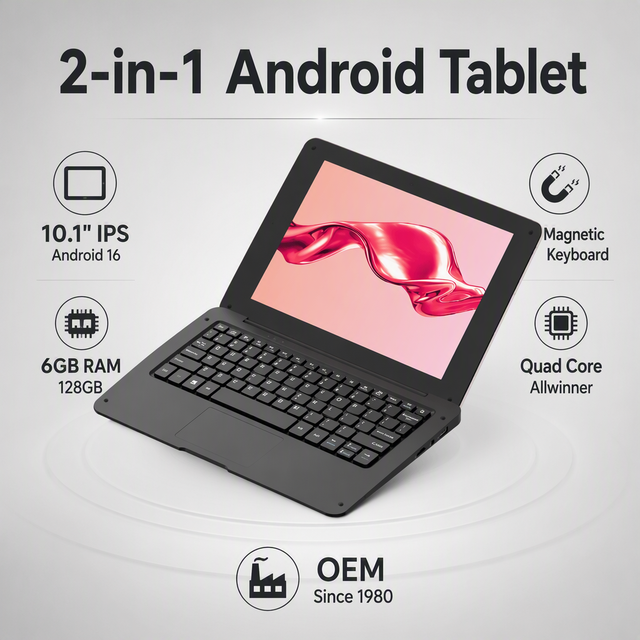 10.1" 2-in-1 Android 16 Tablet 6GB 128GB, Magnetic Keyboard Quad Core, Built-in Stand USB-C, Educational Office OEM