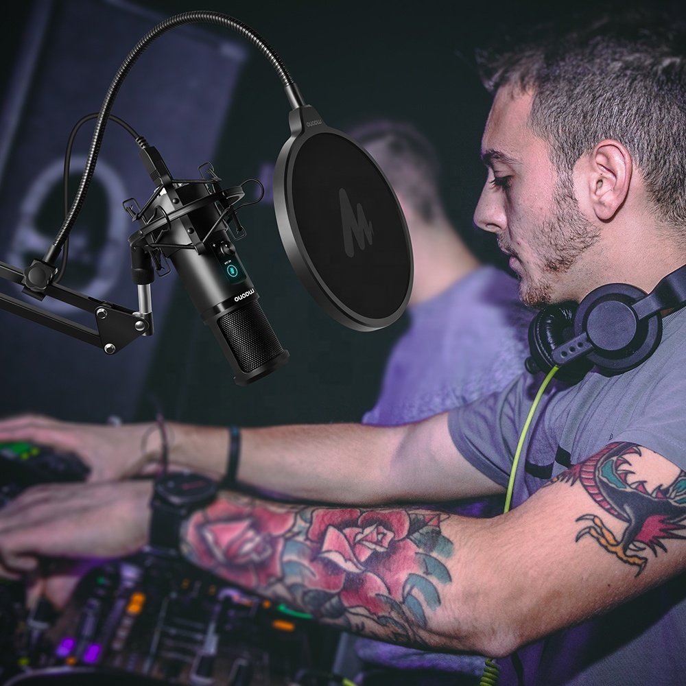 MAONO Professionnel USB Micro Studio Micro avec Micro Bouton de Gain et Un Touche Sourdine