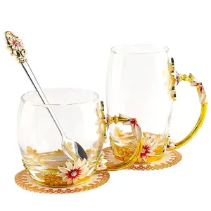 Kreative hitze beständige Kristallglas becher Emaille Glas becher Blumen tee Set Kaffeetasse Wasser milch Kaffee Trink geschirr für Geschenk