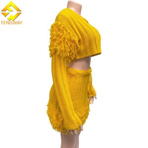 Completo Casual Due Pezzi alla Moda, Top Corto a Maniche Corte e Gonna Corta Sopra il Ginocchio con Frange, Tinta Unita Dolce e Piccante per Donna - Product Image 2