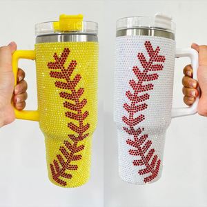 Custom Logo Full Wrap Stainless Steel White Yellow <b>Thermos</b> <b>Bottle</b> Cup Rhinestone Baseball Print Bling Tumbler - Product Image 1