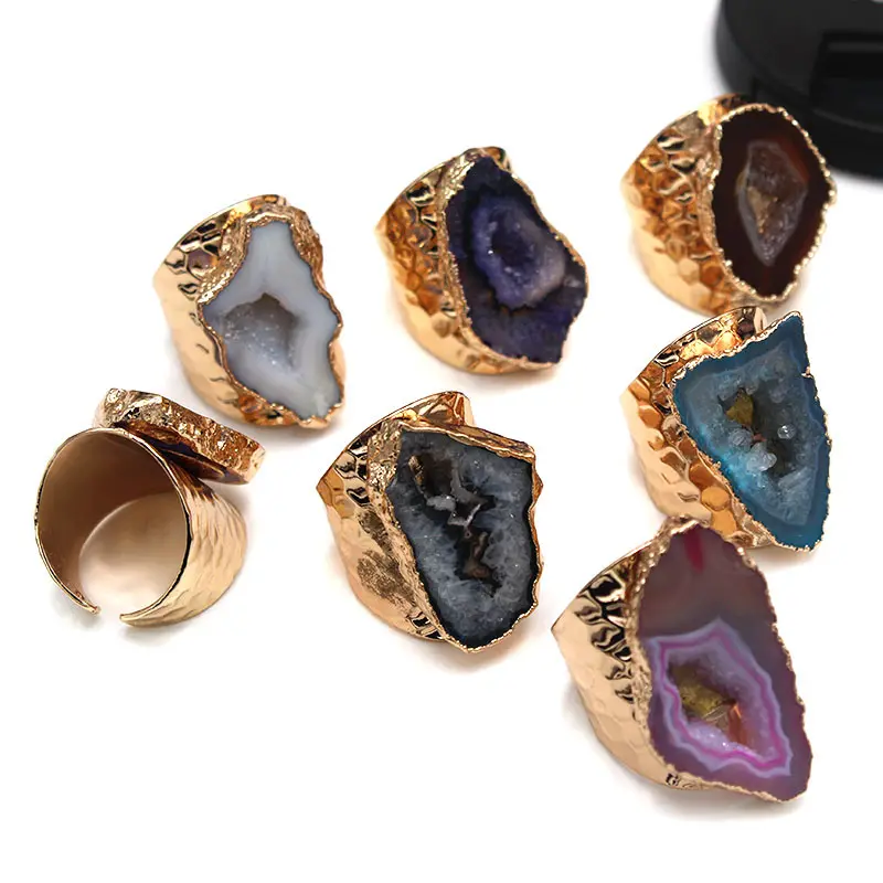 แหวนชุบทองหลากสีปรับได้,แหวนคริสตัลสีม่วงคลัสเตอร์ควอตซ์หินธรรมชาติหยาบไม่สม่ำเสมอ Geode Druzy