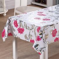 Nappe en vinyle imprimée au laser RNPT avec des fleurs roses et des feuillage métallique, support en PVC blanc et en tissu pour la salle à manger à domicile