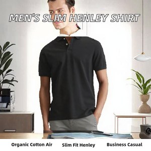American Light Luxury Men's Breathable Knitted 100% Organic Cotton Plain Dyed <b>Short</b> <b>Sleeve</b> <b>Henley</b> Neck Slim Fit Regular Shoulder - Product Image 2
