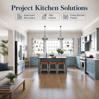 Armoires de cuisine modernes bleu-gris sur mesure, panneaux surélevés, étagères ouvertes, évier en marbre inclus, conception modulaire pour projets résidentiels