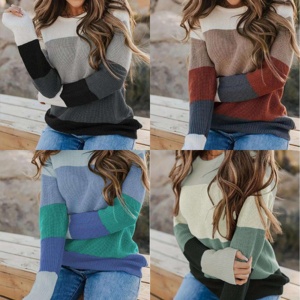 Suéter Casual Europeo y Americano para <span class=keywords><strong>Mujer</strong></span>, Otoño e Invierno, Nuevo, Cuello Redondo a <span class=keywords><strong>Rayas</strong></span>, Jersey de Punto de Manga Larga - Product Image 2